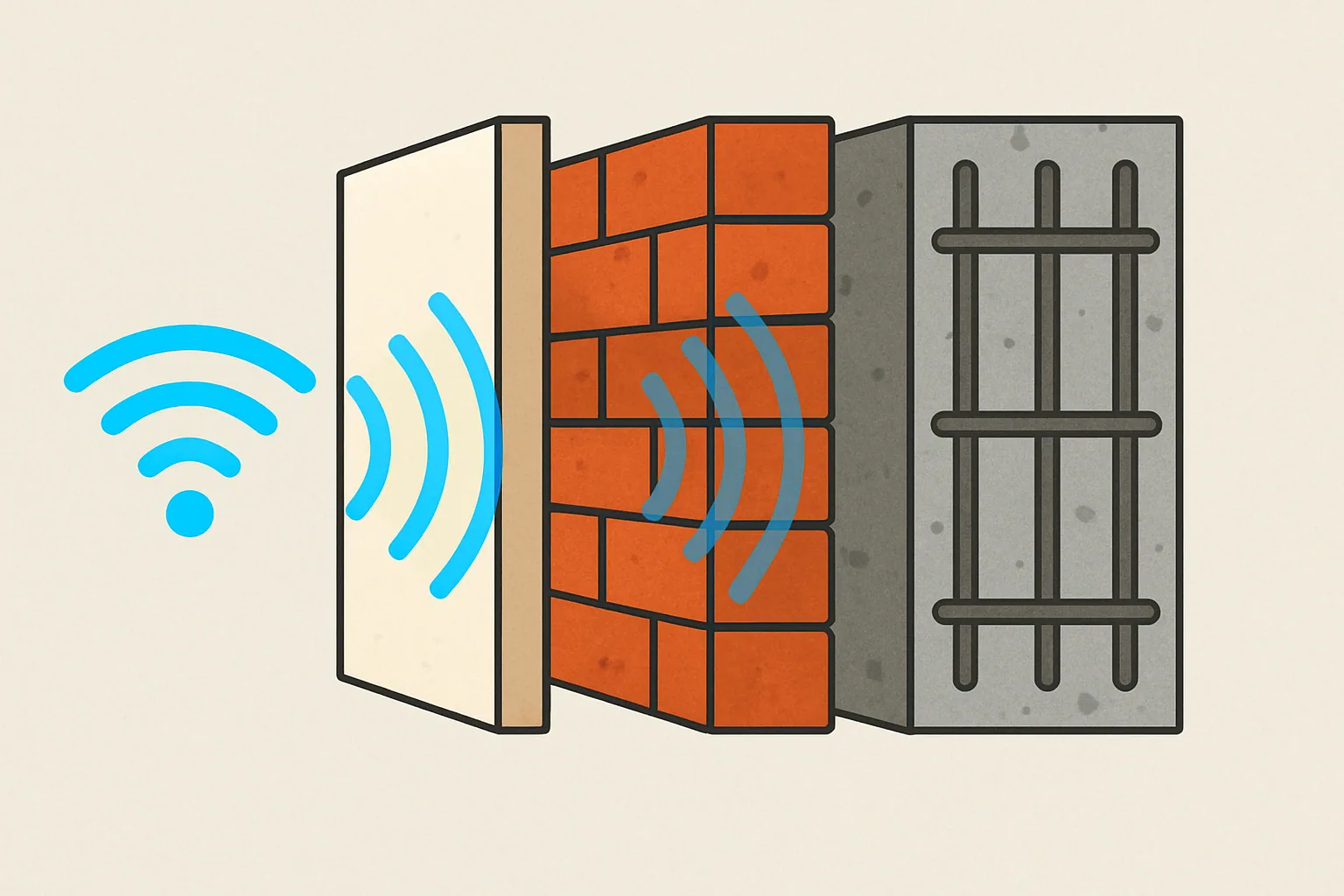 Diagram pokazujący tłumienie sygnału Wi-Fi przez różne materiały ścian