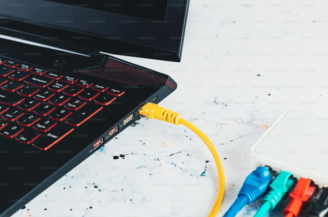 Osoba podłączająca kabel sieciowy do laptopa podczas testowania internetu