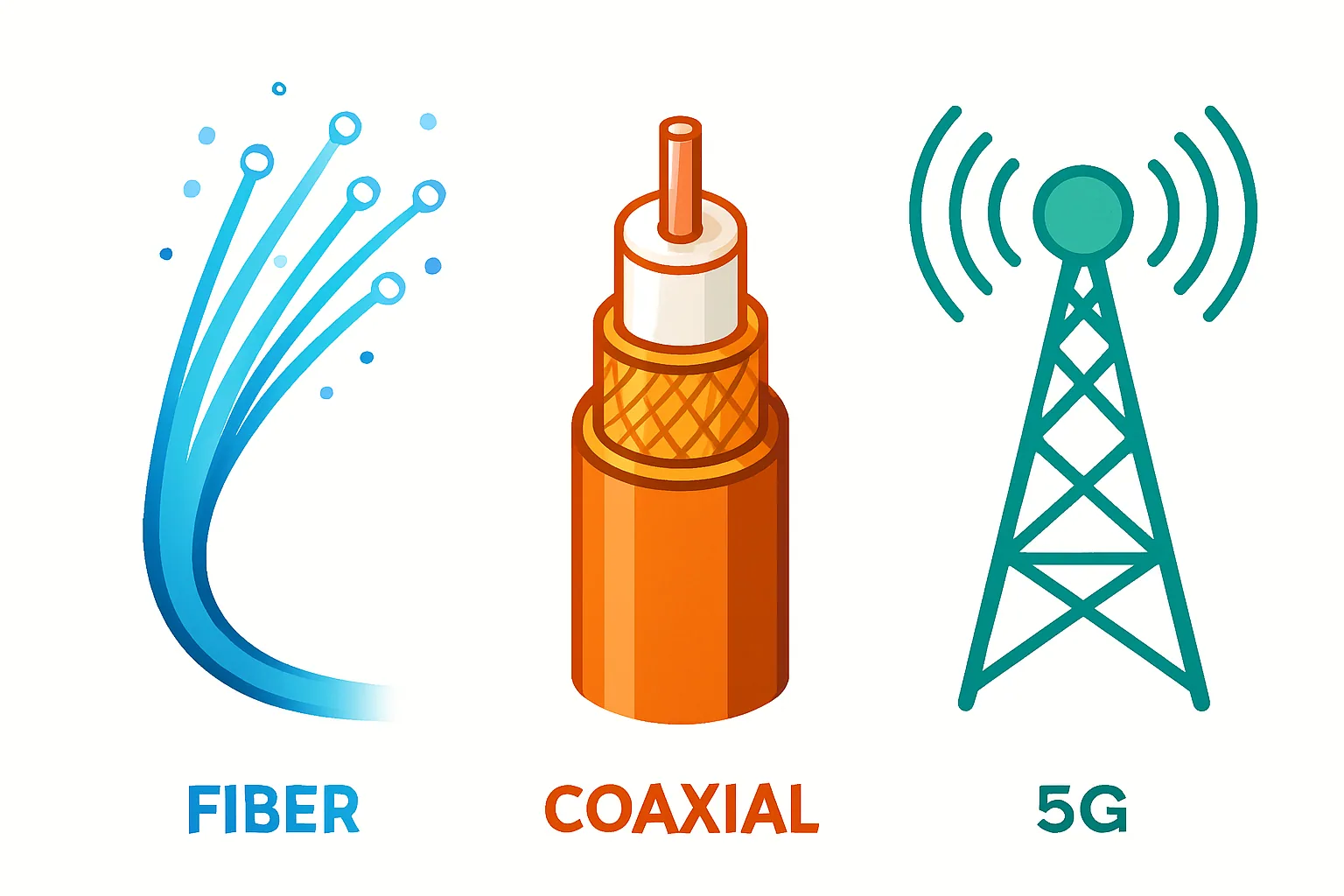 Ilustracja trzech technologii internetowych: światłowód, kabel koncentryczny i 5G
