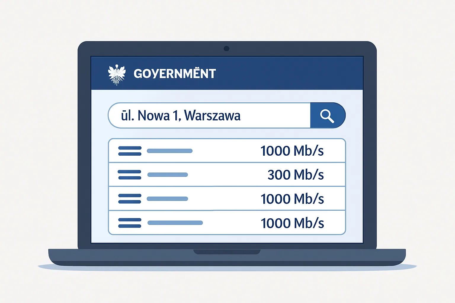 Ekran laptopa z interfejsem portalu internet.gov.pl i wynikami dostępności internetu