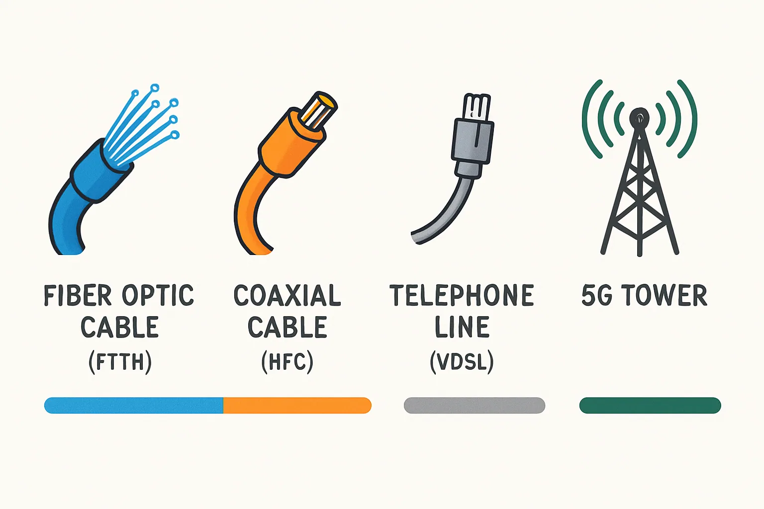 Diagram porównujący technologie internetowe: światłowód, sieć kablowa, VDSL i 5G