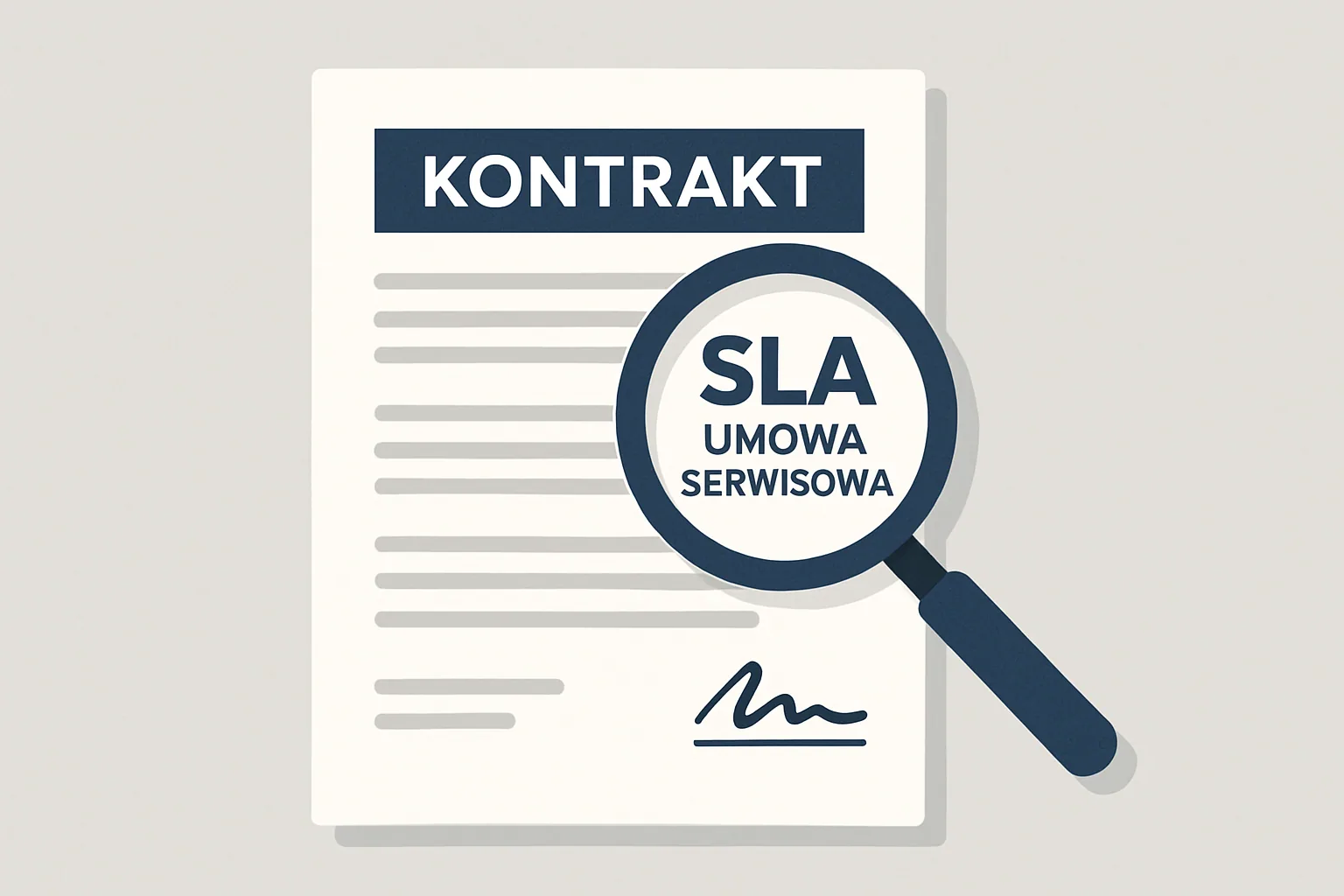 Dokument umowy z lupą podkreślającą zapisy SLA operatora