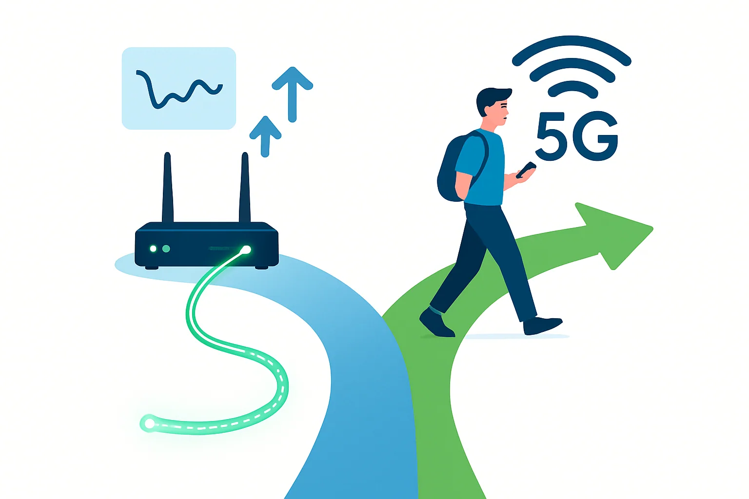 Ilustracja porównująca wybór między światłowodem a 5G