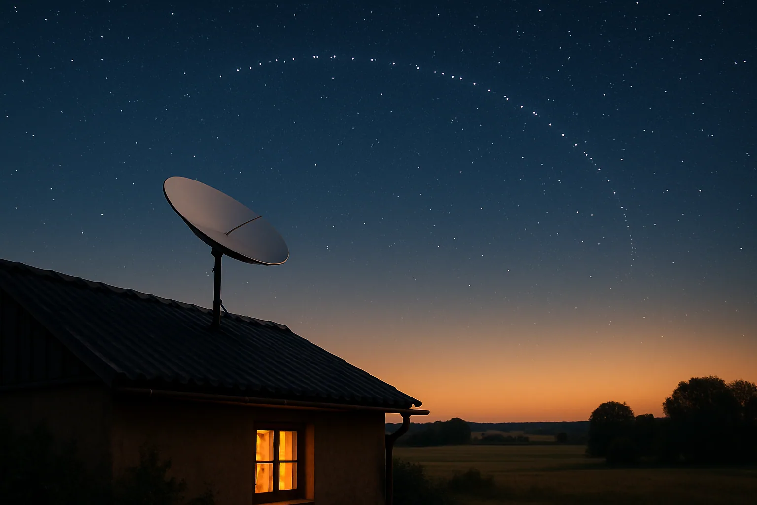 Antena satelitarna Starlink na dachu wiejskiego domu z widokiem na rozgwieżdżone niebo