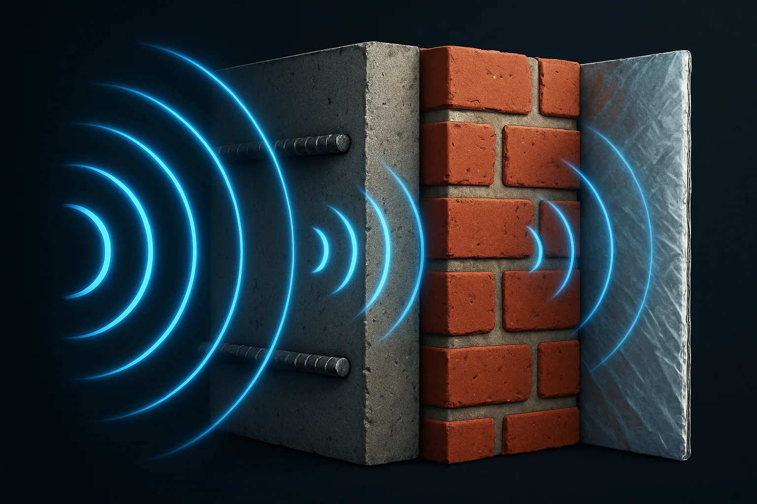 Ilustracja tłumienia sygnału Wi-Fi przez beton, cegłę i folię izolacyjną