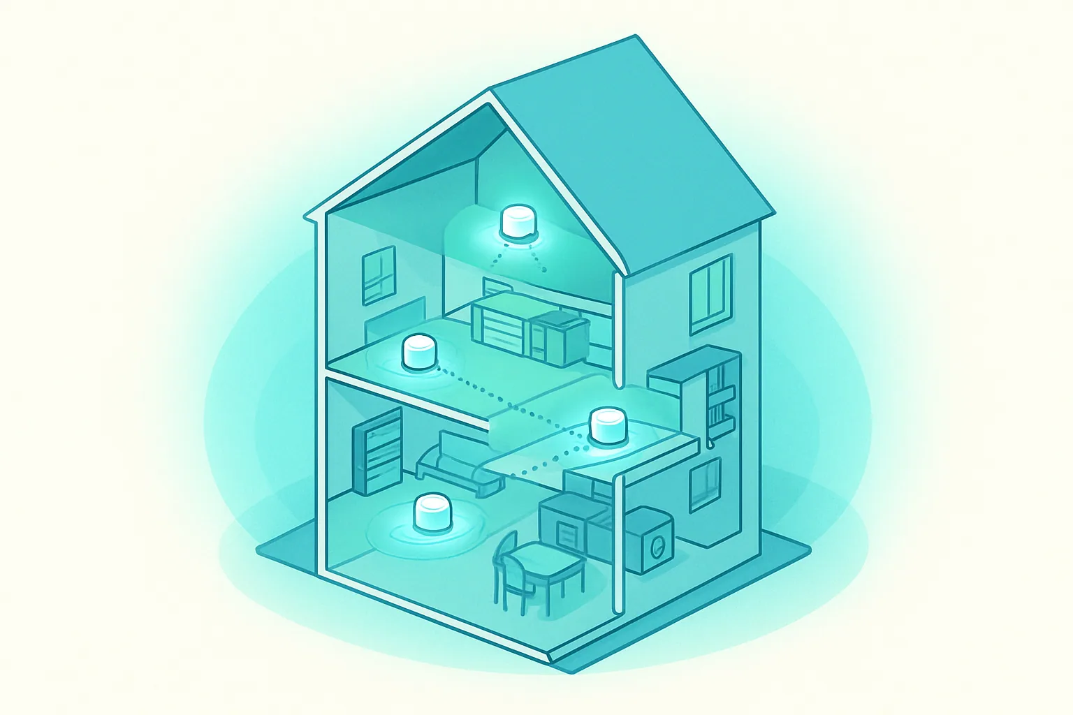 Izometryczna ilustracja systemu mesh Wi-Fi w trójpiętrowym domu