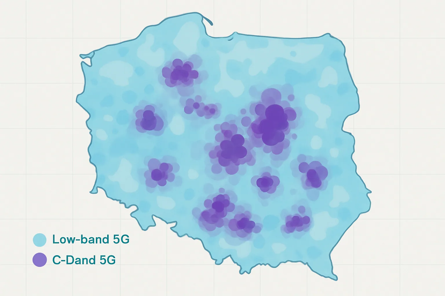 Mapa zasięgu 5G w Polsce z zaznaczonymi pasmami częstotliwości